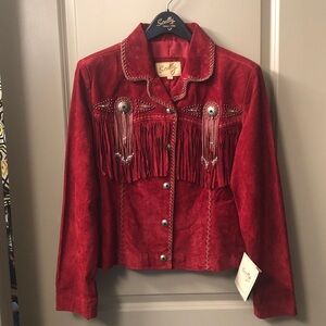 Scully Women's Vibrant Red Leather Suede Jacket with Fringe
